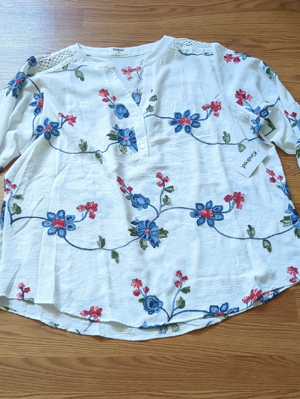 Kindred by Anthropologie Boho Floral Embroidered 3/4-Sleeve Peasant Blouse